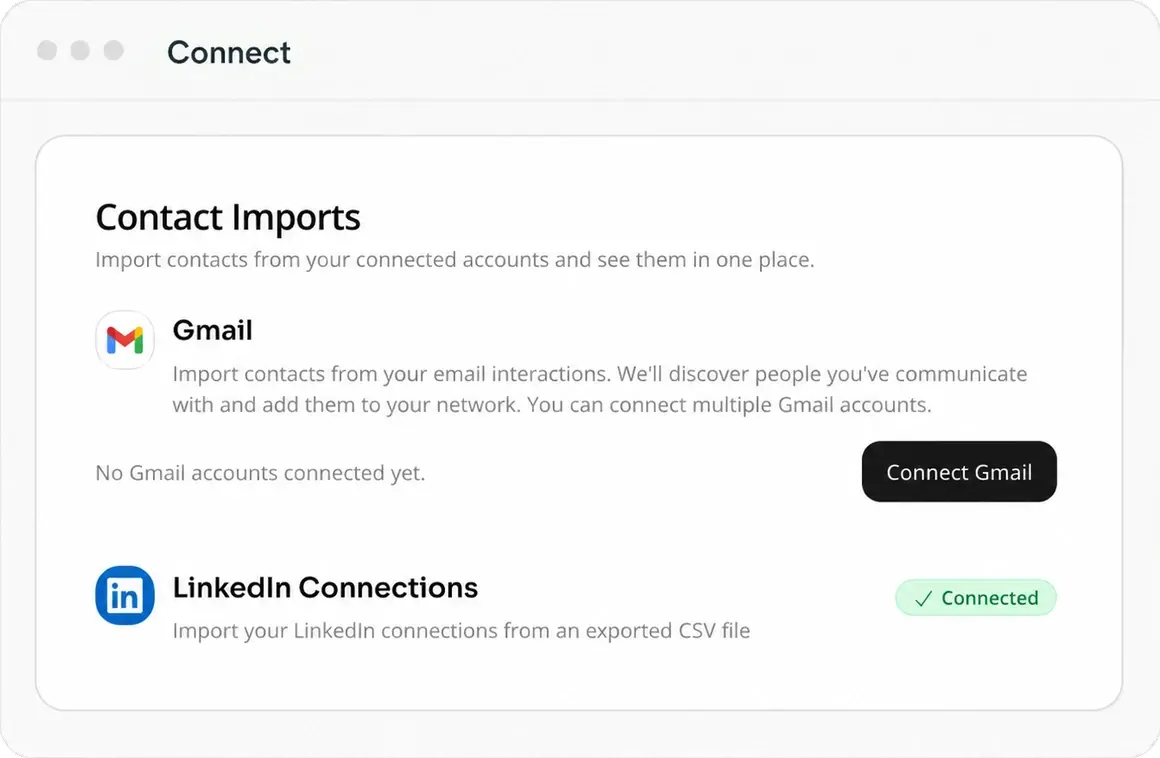 A Contact Imports panel connecting Gmail and LinkedIn accounts.