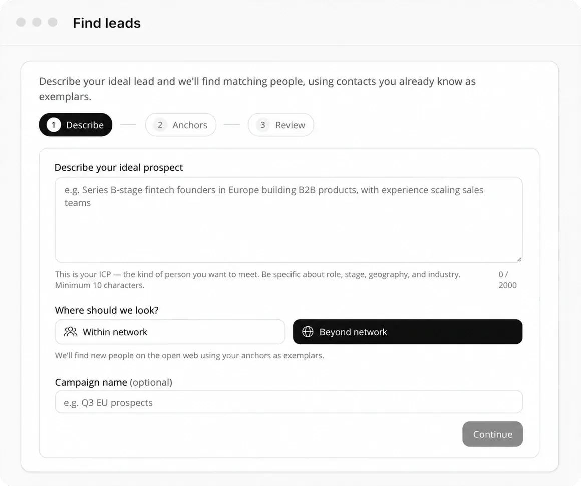 A Find leads panel with a plain-English description of an ideal prospect.